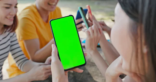 green screen concept - happy young asian students use smartphone on campus