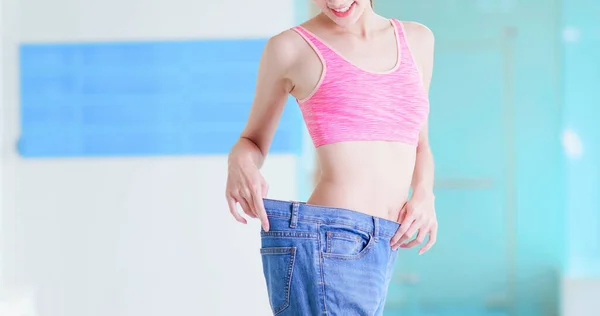 Weight Loss Concept Asian Woman Her Old Big Jeans — Stock Photo, Image