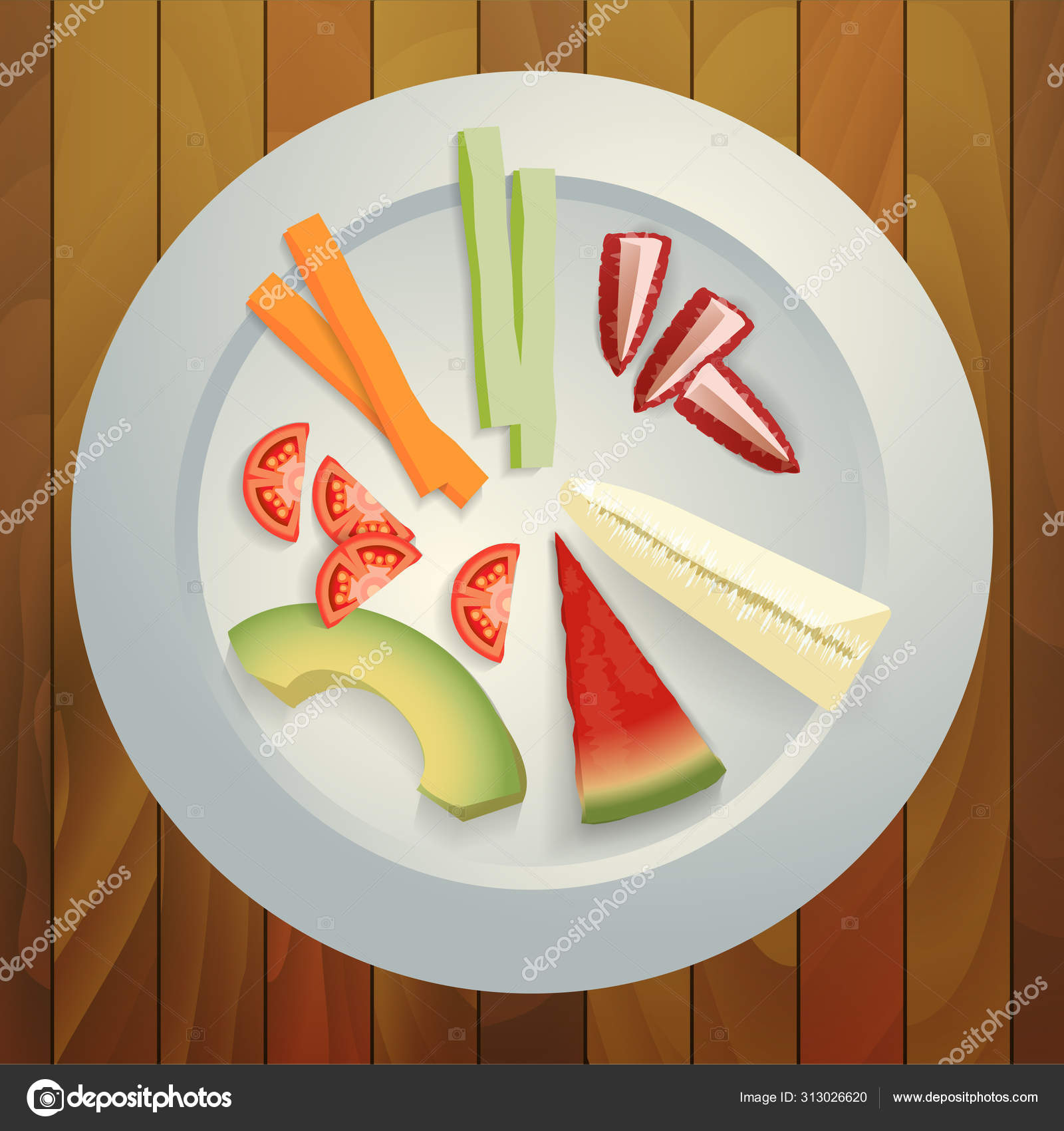 把婴儿主导的断奶水果和蔬菜放在盘子里固体食物图库矢量图©Binastasia 313026620, image size:1600x1700