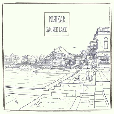 Pushkar kutsal Gölü, Radjasthan, Hindistan. El çizilmiş vektör çizim