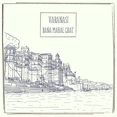 Rana Mahal Ghat, Varanasi, Uttar Pradesh, Hindistan. Çizilmiş vektör çizim el