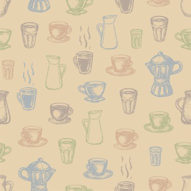 Vektör mürekkep el kahve teması ile Dikişsiz desen çizilmiş