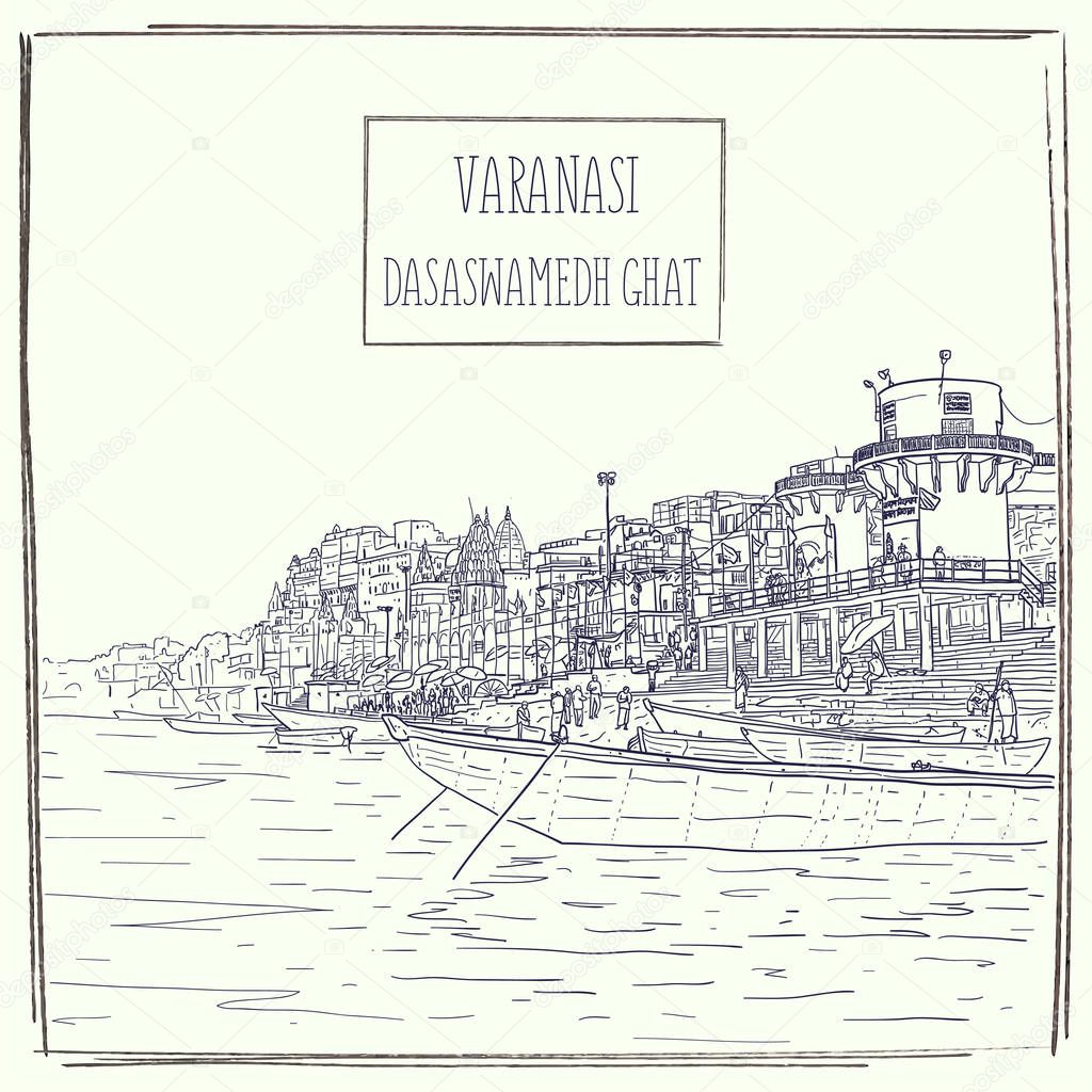 Dasaswamedh Ghat, Varanasi, Uttar Pradesh, India. Hand drawn vector illustration