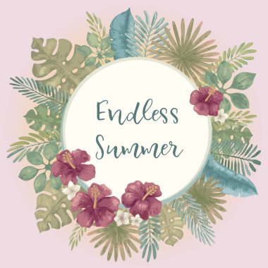 Sonsuz Yaz sloganı. Trendy yaz tropikal baskı. Yuvarlak çerçeve, el çizilmiş egzotik tropikal yaprakları, bitkiler, ebegümeci çiçekler, monstera yaprağı. Modern kaligrafi. Vektör vintage tarzı illüstrasyon