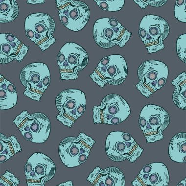 Gerçek linocut el kafatası izi yaptı. Kusursuz desen. T-shirt, kumaş, sarma ve duvar kağıdı tasarımı için Vektör vintage tarzı illüstrasyon. Cadılar Bayramı arka planı. Komik doodle arka plan