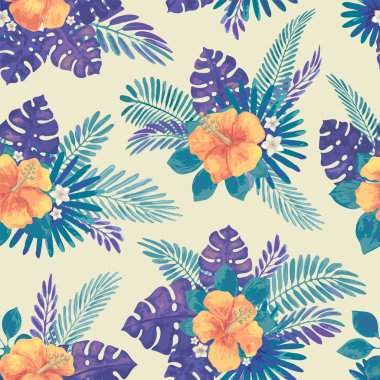 Monstera yaprakları ve ebegümeci çiçekleri ile Tropikal Yaz dikişsiz desen. Parlak orman sorunsuz arka plan. Canlı iyimser Hawaii parti zemin. Sanatsal illüstrasyon