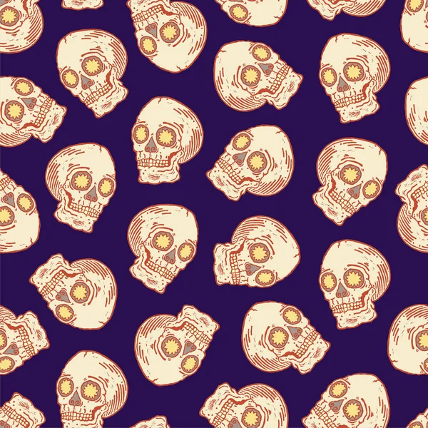 Real linocut hand made skull print. Seamless pattern. Vector vintage style illustration for t-shirt, fabric, wrapping and wallpaper design. Halloween backdrop. Funny doodle background — Stock Vector