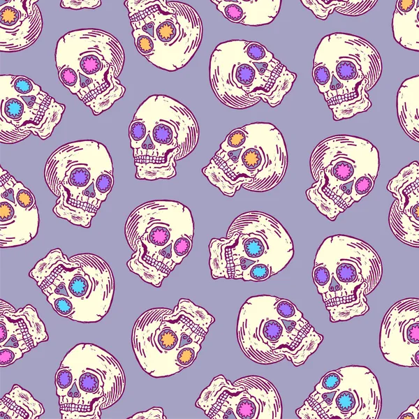 Real linocut hand made skull print. Seamless pattern. Vector vintage style illustration for t-shirt, fabric, wrapping and wallpaper design. Bright psychedelic backdrop. Funny doodle background — Stock Vector