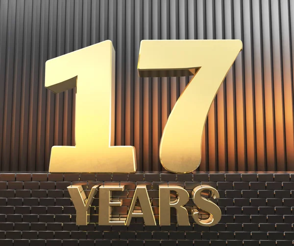 Die goldene Zahl 17 und das Wort Jahre vor dem Hintergrund rechteckiger Metallparallelfüße im Sonnenuntergang. 3D-Illustration — Stockfoto