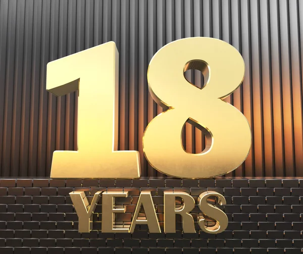 Zlaté číslo osmnáct číslo 18 a let slovo na pozadí kovových pravoúhlého hranolu v paprscích zapadajícího slunce. 3D obrázek — Stock fotografie