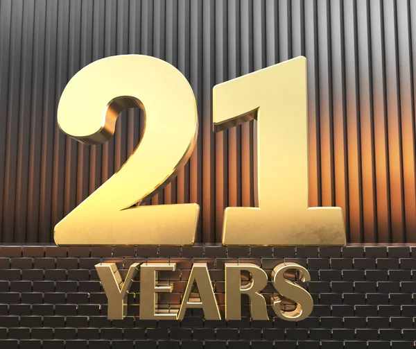 Золотой номер двадцать один номер 21 и слово лет на фоне металлических прямоугольных параллелепипедов в лучах заката. 3D иллюстрация — стоковое фото