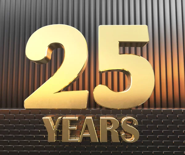 Золотое число двадцать пять номер 25 и слово лет на фоне металлических прямоугольных параллелепипедов в лучах заката. 3D иллюстрация — стоковое фото