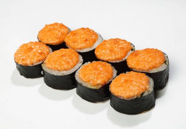 Pişmiş rulo (kaplan karides, yılan balığı, salatalık, domates, Philadelphia peynir, kırmızı peynir sos).