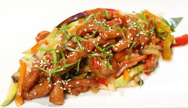 Saigon domuz (domuz eti bonfile içinde zencefil-sarımsak sos, biber, patlıcan, kabak, Beijing lahana ve soğan).