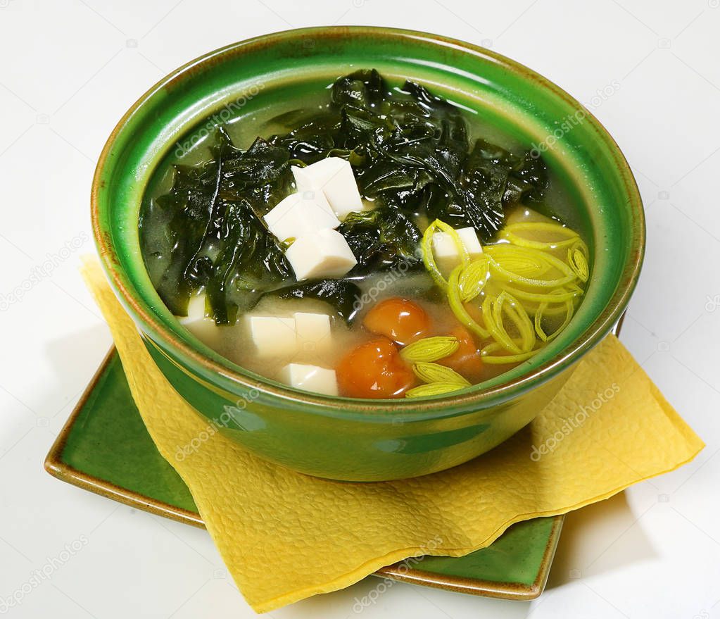 Miso soup - Miso broth with algae Wakame, honey agarics, Tofu cheese and leek.