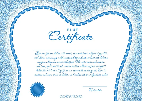 Niebieski Certyfikat Lub Dyplom Dla Stomatologii Ramą Kształcie Zęba Wektorowa — Wektor stockowy