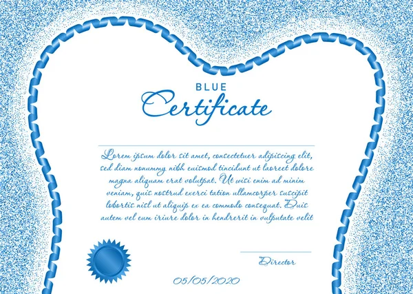 Blauw Certificaat Diploma Voor Tandheelkunde Met Een Tand Vormige Frame — Stockvector