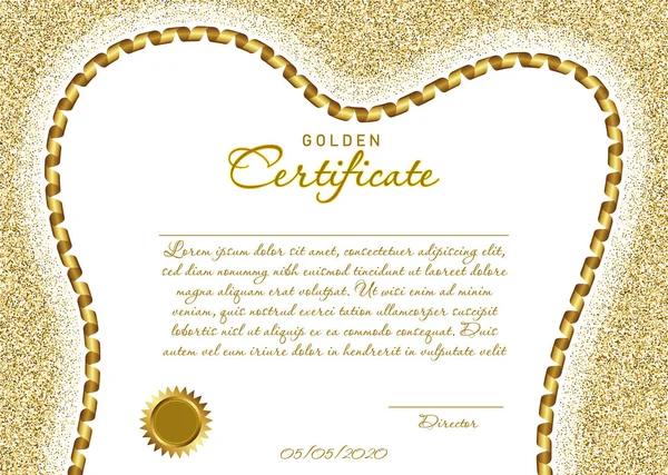 Goldenes Zertifikat Oder Diplom Für Zahnmedizin Mit Zahnförmigem Rahmen Vektorbild — Stockvektor