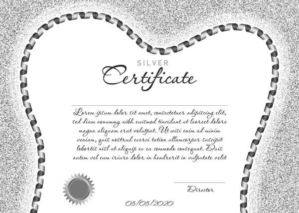 Certificado Plata Diploma Para Odontología Con Marco Forma Diente Imagen — Vector de stock