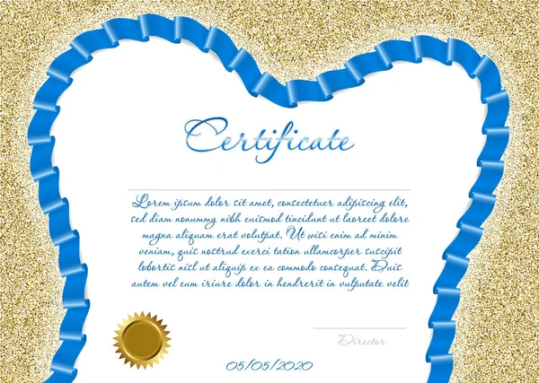 Сертификат Диплом Стоматологической Клиники Синей Цветной Лентой Форме Зуба Фоне — стоковый вектор