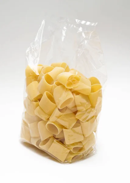 Transparent Plastic Pasta Bag Paccheri White Background — Stock Photo, Image