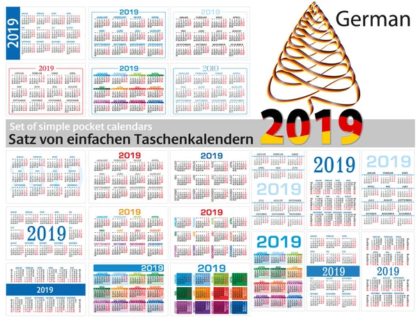 Набор простых календарей на немецком языке на 2019 год Две тысячи девятнадцать. Начало недели понедельник . — стоковый вектор