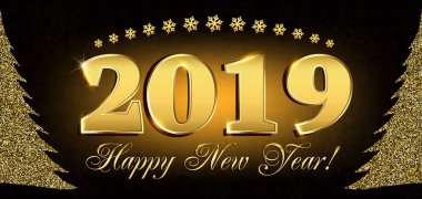 2019 mutlu yeni yıl el ilanları ve tebrik kartı veya Noel temalı davetleri rakam ile yılbaşı ağacının parlak noktalarından. Vektör çizim.