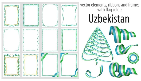 Elementi Vettoriali Nastri Cornici Con Colori Bandiera Uzbekistan Modello Tuo — Vettoriale Stock