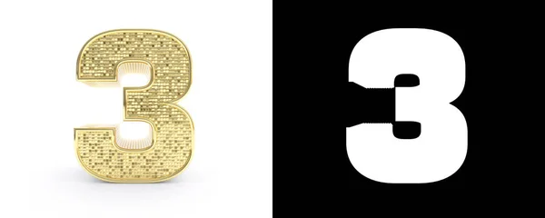 Golden Number Three Number White Background Drop Shadow Alpha Channel — Stock Photo, Image