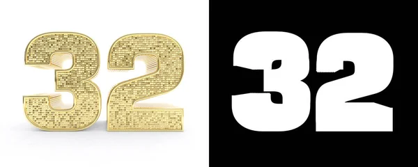 Golden Number Thirty Two Number White Background Drop Shadow Alpha — Stock Photo, Image