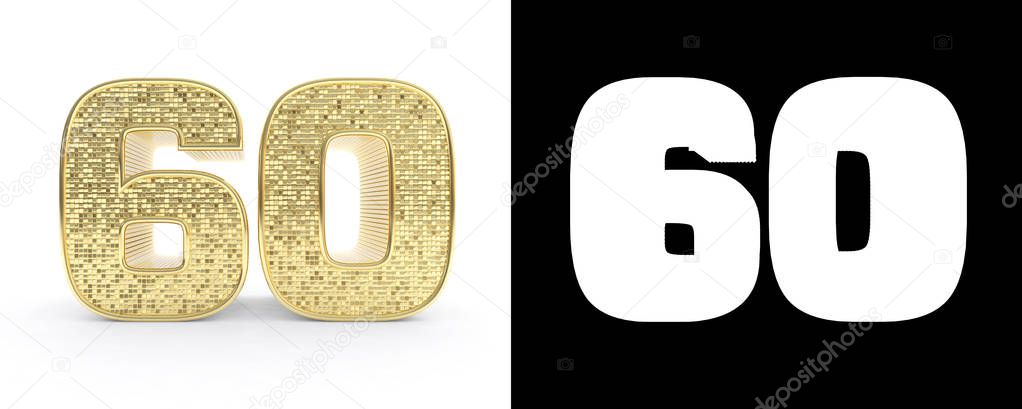 Golden number sixty (number 60) on white background with drop shadow and alpha channel. 3D illustration.