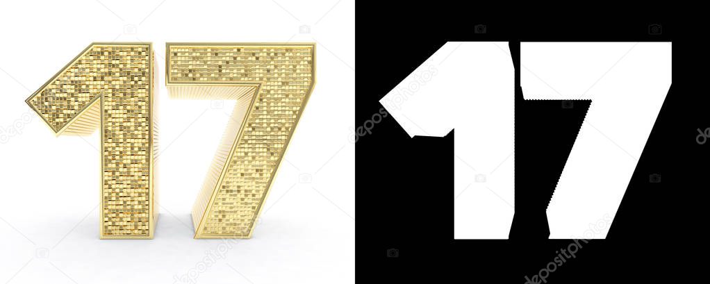Golden number seventeen (number 17) on white background with drop shadow and alpha channel. 3D illustration.