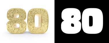 Golden number eighty (number 80) on white background with drop shadow and alpha channel. 3D illustration. clipart