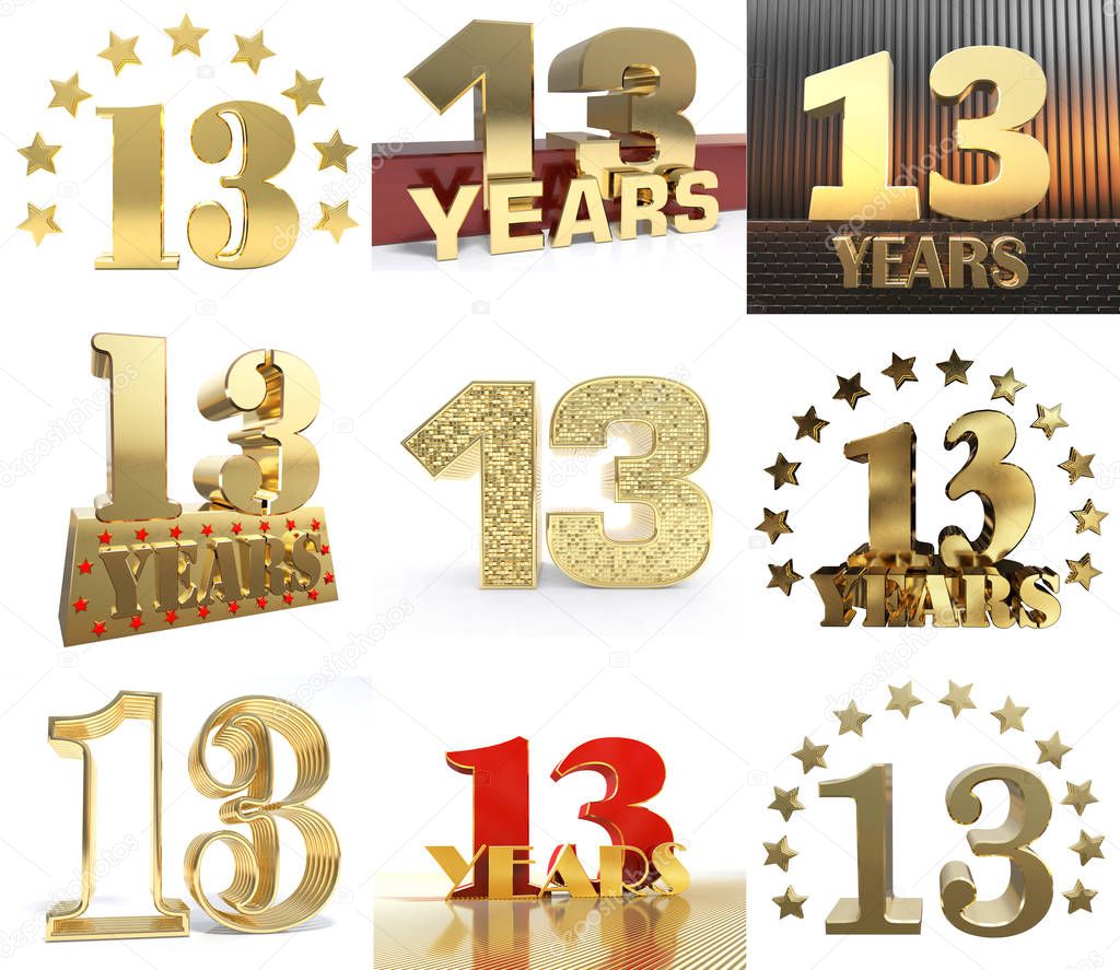 Set of number thirteen year (13 year) celebration design. Anniversary golden number template elements for your birthday party. 3D illustration.