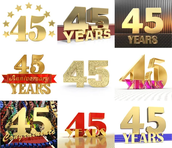 Set of number forty five year (45 year) celebration design. Anniversary golden number template elements for your birthday party. 3D illustration.