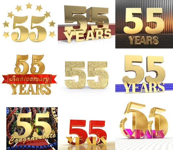 Set of number fifty five year (55 year) celebration design. Anniversary golden number template elements for your birthday party. 3D illustration.