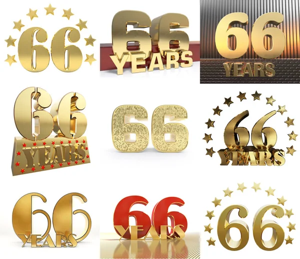 Set of number sixty six year (66 year) celebration design. Anniversary golden number template elements for your birthday party. 3D illustration.