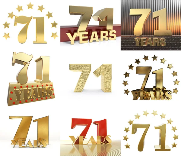 Set of number seventy one year (71 year) celebration design. Anniversary golden number template elements for your birthday party. 3D illustration.