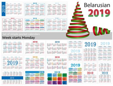 2019 (iki bin on dokuz) için basit cep takvimleri kümesi. Hafta Pazartesi başlıyor. Belarus - çeviri 