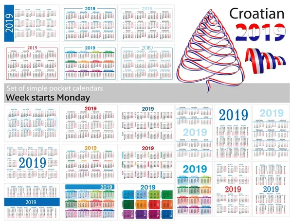 2019 1000 のシンプルなポケット カレンダーのセットです 今週は 月曜日を開始します 翻訳クロアチア語 — ストックベクタ