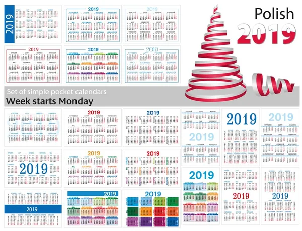 2019 1000 のシンプルなポケット カレンダーのセットです 今週は 月曜日を開始します 翻訳ポーランドから — ストックベクタ