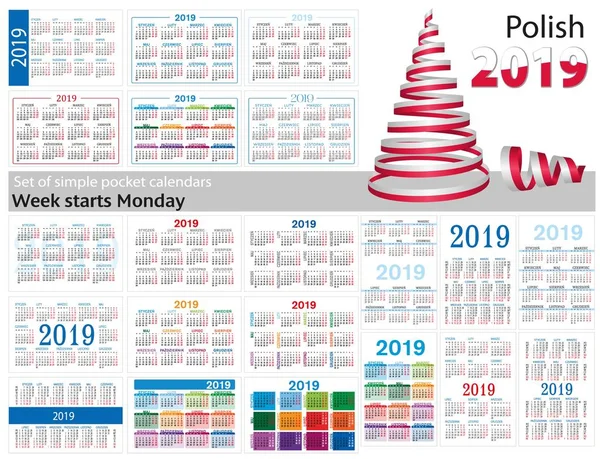 2019 (iki bin on dokuz) için basit cep takvimleri kümesi. Hafta Pazartesi başlıyor. Çeviri Polonya - 
