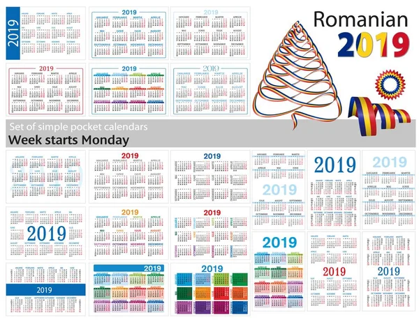 2019 1000 のシンプルなポケット カレンダーのセットです 今週は 月曜日を開始します 翻訳からルーマニア語 — ストックベクタ