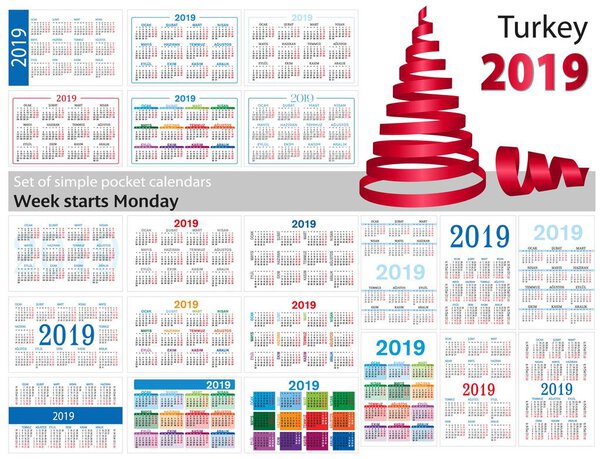 Set of simple pocket calendars for 2019 (Two thousand nineteen). Week starts Monday. Translation from Turkey - "january, february, march, april, may, june, july, august, september, october, november, december".