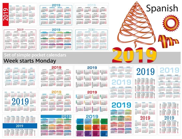 Set Calendare Simple Buzunar Pentru 2019 Două Mii Nouăsprezece Săptămâna — Vector de stoc