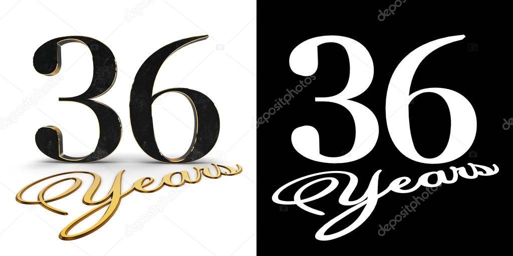 Golden number thirty six (number 36) and the inscription years with drop shadow and alpha channel. 3D illustration.