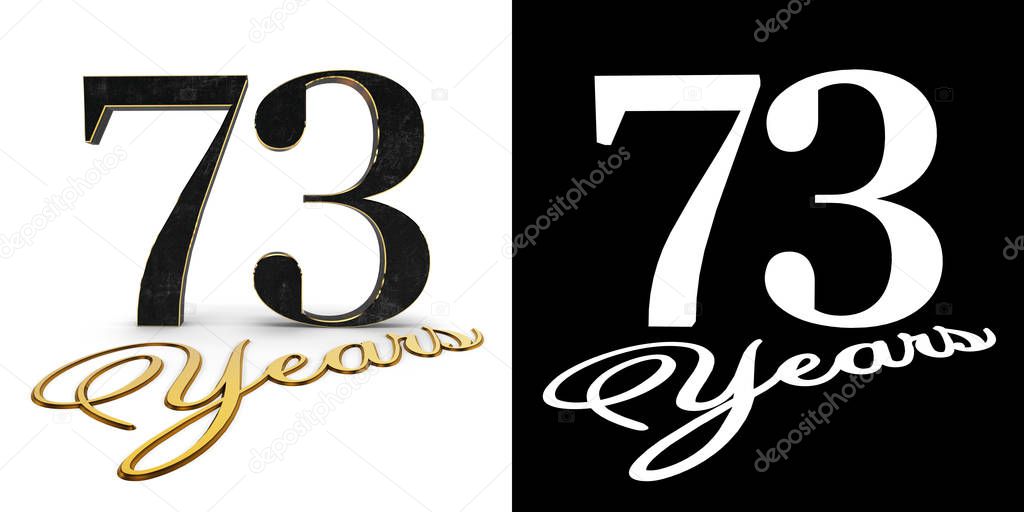 Golden number seventy three (number 73) and the inscription years with drop shadow and alpha channel. 3D illustration.