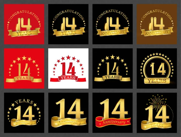 Conjunto Número Catorce Años Diseño Celebración Aniversario Oro Número Elementos — Vector de stock
