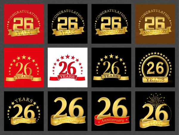 Conjunto Número Veintiséis Años Diseño Celebración Aniversario Oro Número Elementos — Vector de stock