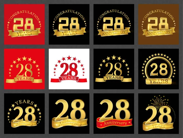 Conjunto Número Veintiocho Años Diseño Celebración Aniversario Oro Número Elementos — Vector de stock